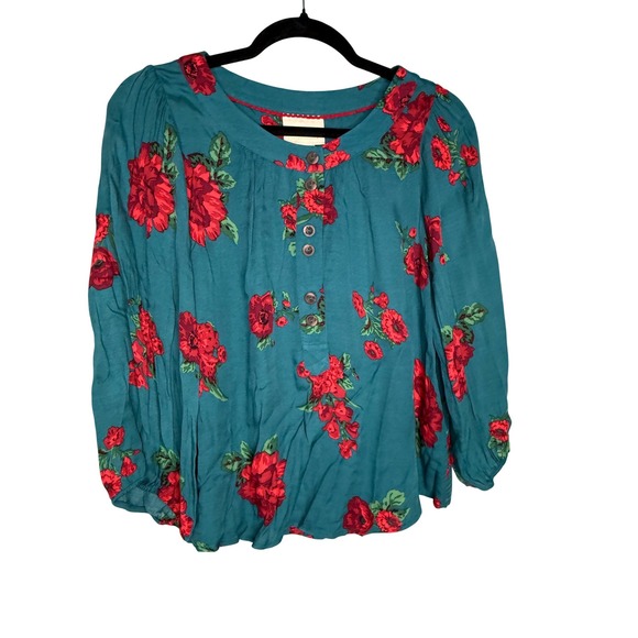 Anthropologie Maeve Kalas teal henley floral woven blouse - Picture 2 of 10